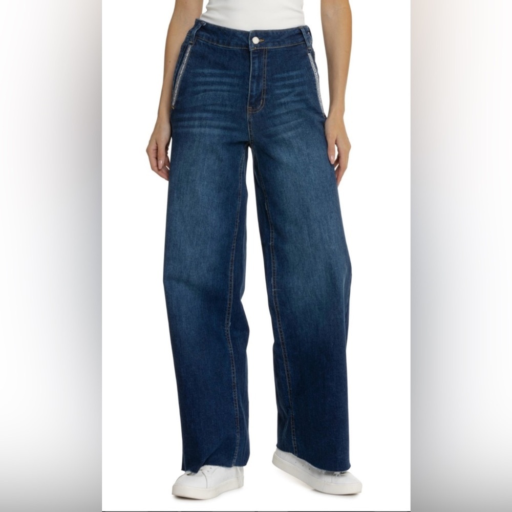 OAT‎ New York High Rise Wide Leg Denim Trouser, Rhinestone Detail, Raw Hem, Sz 2